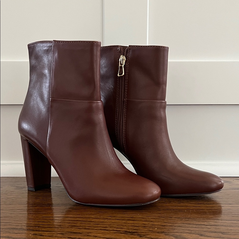 Ann Taylor Chestnut Brown Leather Block-Heel Ankle Boots